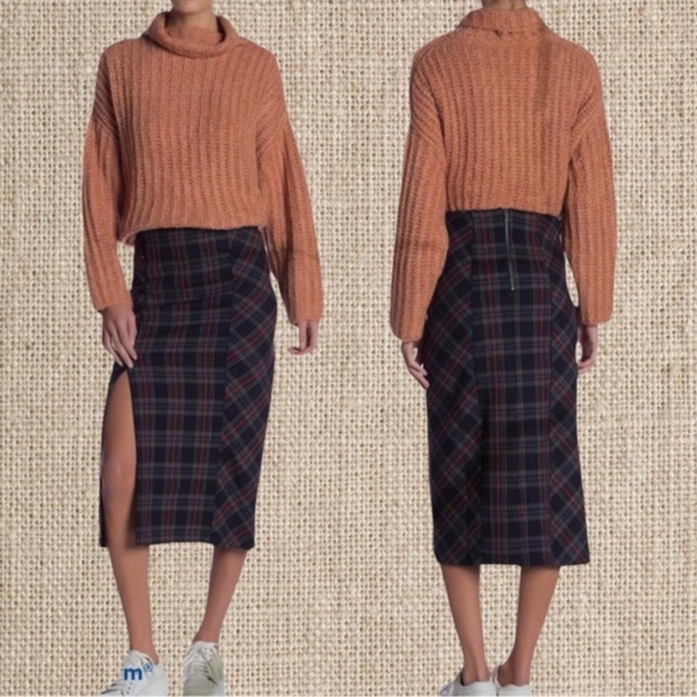 Free People Navy and Red Plaid Midi Skirt
